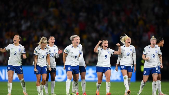 England players celebrate during their dramatic penalty shootout win. Picture: Getty