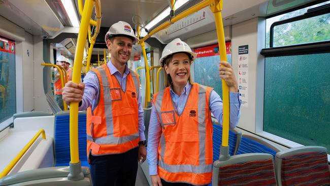 Transport for NSW secretary Josh Murray and NSW Transport Minister Jo Haylen during a test ride on the new Parramatta Light rail between Dundas and Carlingford this week. Picture: Justin Lloyd.