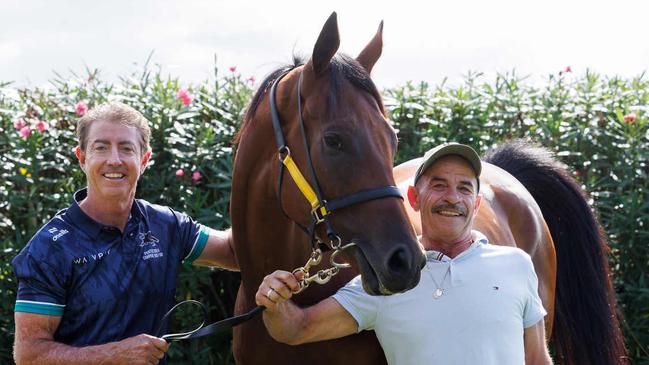 Greg Alexander (left) is a part-owner of Hooligan Tommy, who’ll race at Randwick on Saturday. Picture: David Swift