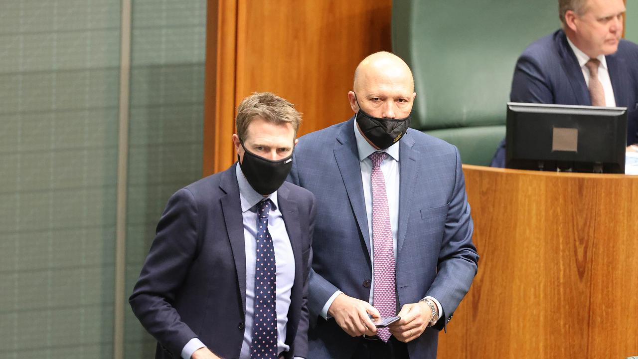 Christian Porter and Peter Dutton in Parliament. Picture: NCA NewsWire / Gary Ramage