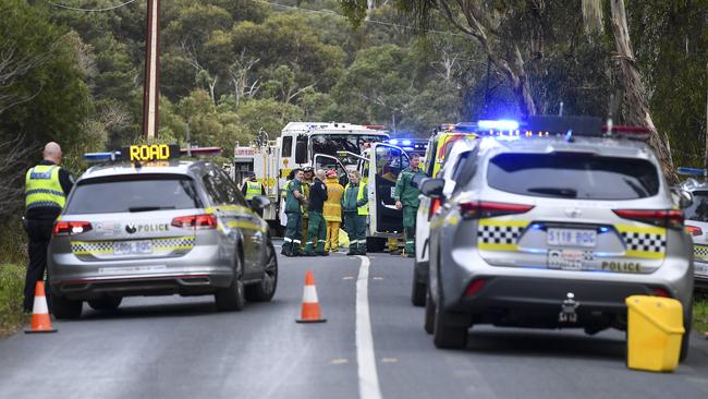 Emergency services on the scene of the fatal cyclist crash on Morgan Rd at Ironbank. Picture: Mark Brake