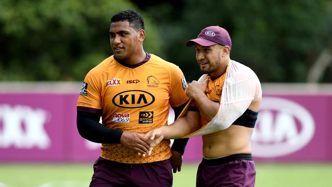 Tevita Pangai Junior (L) cuts an imposing figure at Broncos training. Picture: Getty