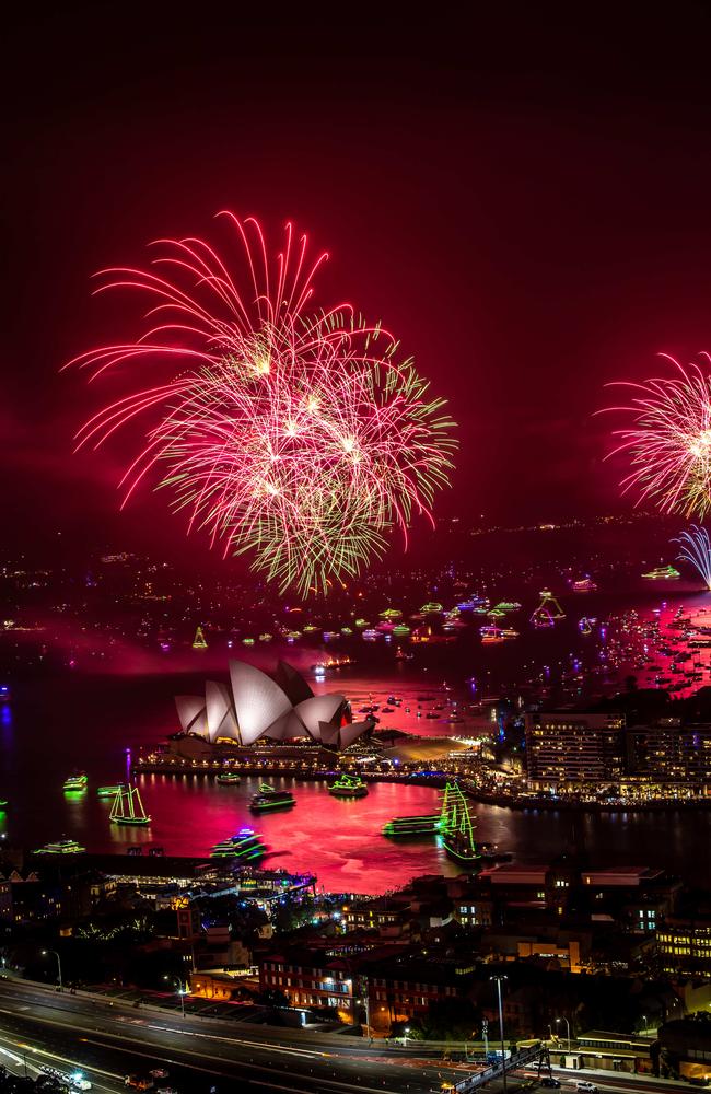 Sydneys New Years Eve fireworks photographed from Crown Sydney. Picture: Monique Harmer