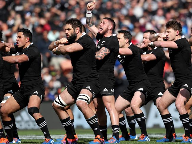 New Zealand players perform the haka before a Test match between New Zealand and Tonga in Hamilton on September 7. Picture: AFP