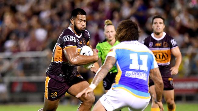 Payne Haas on the charge for the Broncos. Picture: Getty Images