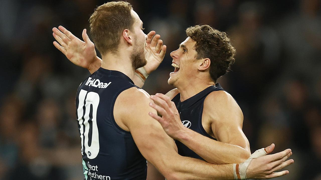 Charlie Curnow celebrates with Harry McKay after kicking a goal. Picture: Daniel Pockett/Getty Images