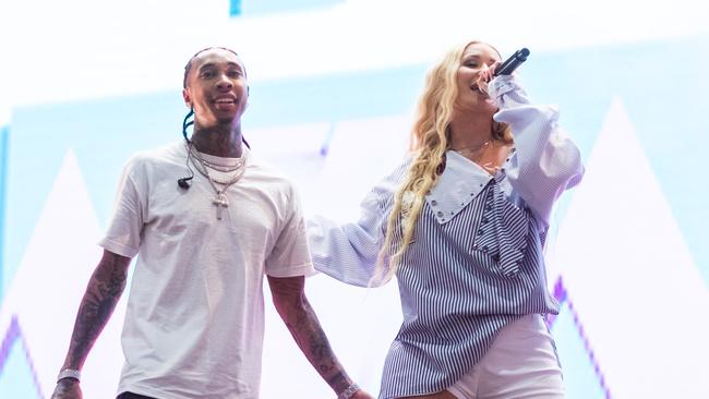 Tyga and Iggy perform at the rap-focused Jumanji Festival at the Melbourne Showgrounds last night. Picture: Ben Symons.