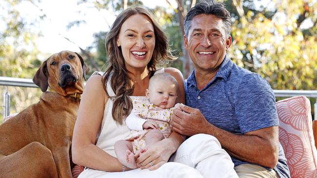 Pictured at home in Avalon today is Jamie Durie and Ameka Jane with their daughter Beau, and dog Luna. Picture: Tim Hunter.