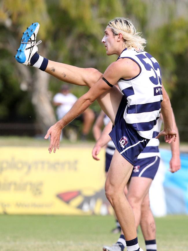 Round 6 QAFL game between Broadbeach and Surfers Paradise at Subaru Oval. Riley Winter kicks a goal. 2 May 2021 Mermaid Waters Picture by Richard Gosling