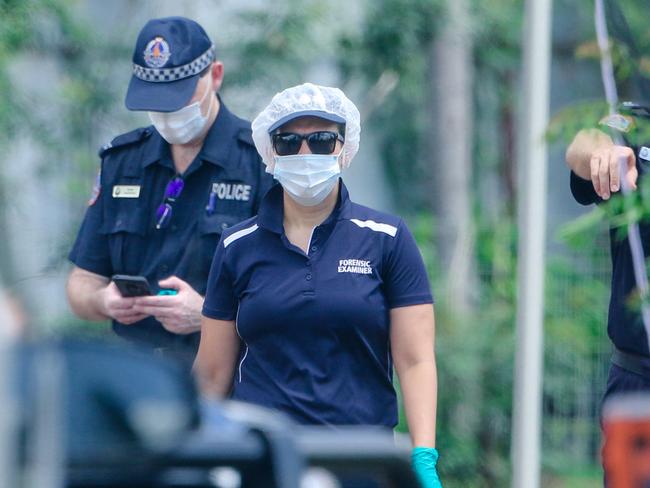 NT police investigate as a males body was found in a driveway in Driver on Saturday morning.Picture: Glenn Campbell
