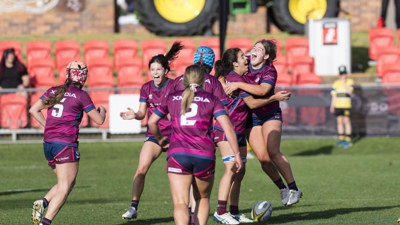 Toowoomba Bears Womens 7s celebrate their win over Roma Echnidas Womens 7s. Picture: Kevin Farmer