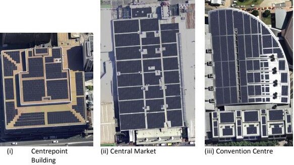 The potential PV arrays modelled on the Centrepoint, Central Market and Convention Centre buildings by UNSW and APVI. Pic Supplied.