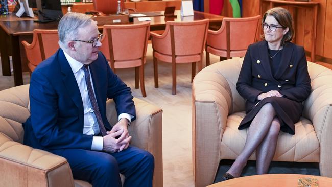 Prime Minister Anthony Albanese with the next RBA governor, Michele Bullock, on Friday. Picture: Martin Ollman