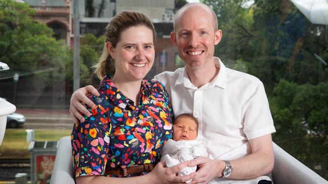 Laura Slavin and Ben Hudson with baby Oliver, whose arrival during a childbirth class was unexpected. Picture: Sarah Matray