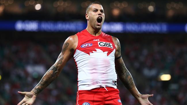 Sydney's Lance Franklin celebrates kicking incredible goal from outside 50m during AFL match between the Sydney Swans and the Adelaide Crows at the SCG. Picture. Phil Hillyard