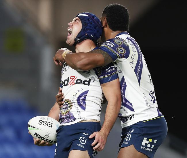 Jahrome Hughes celebrates a try against the Knights (Photo by Regi Varghese/Getty Images)