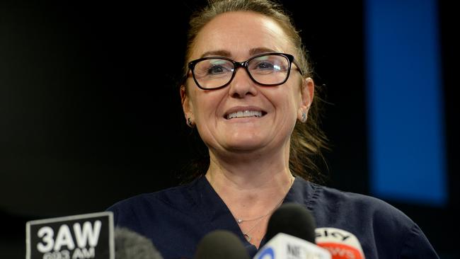 Susan Harding at a press conference at the ANMF Victorian Branch head office in Melbourne. Picture: Andrew Henshaw