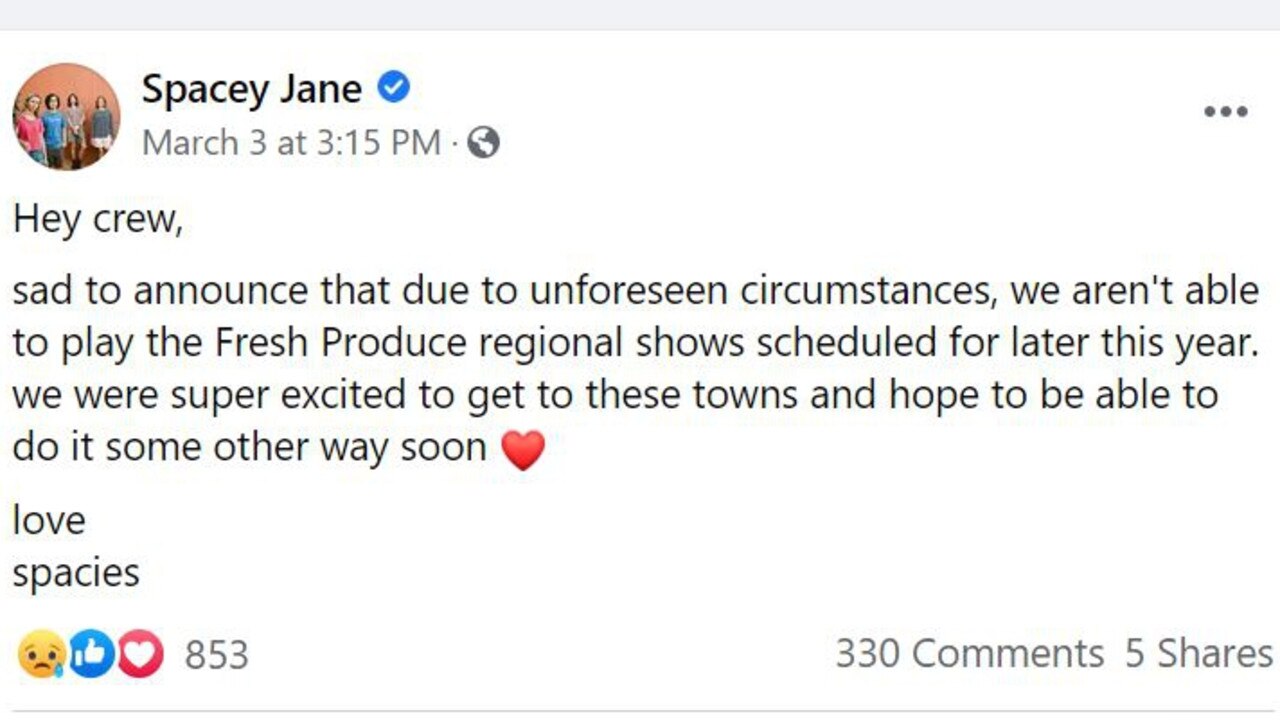 Spacey Jane's Facebook post announcing the band was pulling out of the Fresh Produce line up came as a disappointing shock to fans.