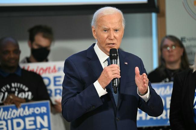 US President Joe Biden speaks as he meets with national union leaders at the American Federation of Labor and Congress of Industrial Organizations (AFL-CIO)  headquarters in Washington, DC, on July 10, 2024.