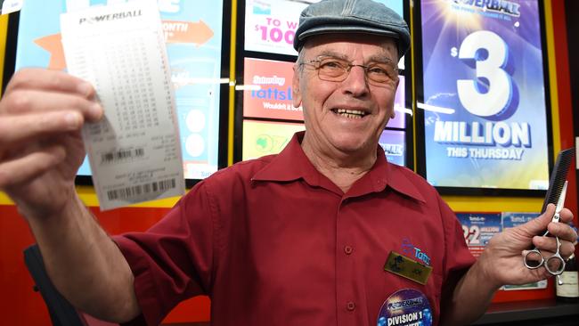 Joe Manfre sells Tattslotto tickets from his Wantirna hairdresser’s salon and has had two division one winners this year. Picture: Chris Eastman