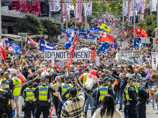 ‘Freedom Rally’ Protesters in Melbourne. Will the anti-vaccine brigade lose momentum in 2022 as life - hopefully - returns to some semblance of normality? Picture: Jason Edwards