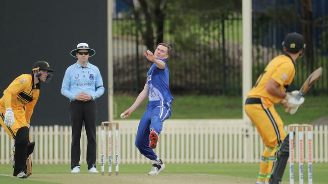 Liam Marshall of Bankstown bowls during round 1 NSW Premier Grade cricket match between Bankstown and UNSW at Bankstown Oval on September 24, 2022. (Photo by Jeremy Ng/Newscorp Australia)