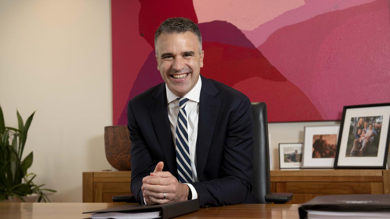 Premier Peter Malinauskas in his office at Victoria Square’s State Administration Centre. Picture: Naomi Jellicoe