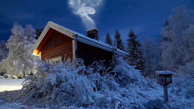 Sauna in winter moonlight, Finland.