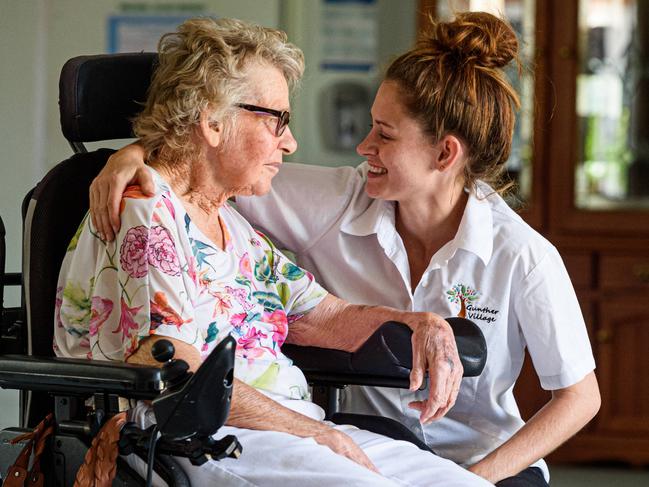 News The Australian, 15.11.2019. Gayndah, Elsie Vicary resident & RN Emily Moses 25 yrs old (0428292844) at Gunther Retirement Village Gayndah. Elsie is worried that it may shut down. Photo Paul Beutel.