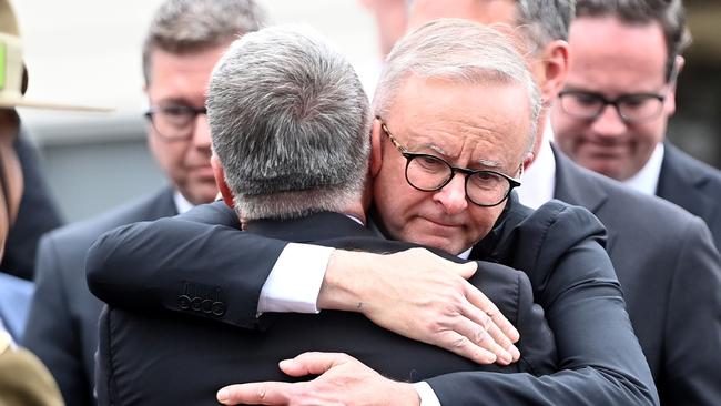 Anthony Albanese embraces Joel Fitzgibbon. Picture: NCA NewsWire / Jeremy Piper