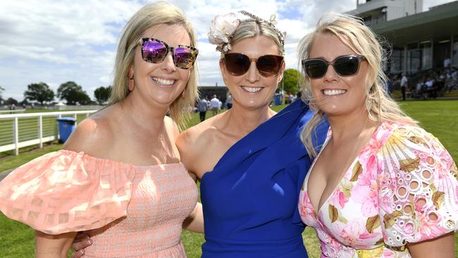 Ladbrokes Sale Cup. Racegoers are pictured attending Cup Day horse races at Sale Turf Club, Sunday 27th October 2024. Hayley Smolenaars, Elise Williams and Jess Williams. Picture: Andrew Batsch