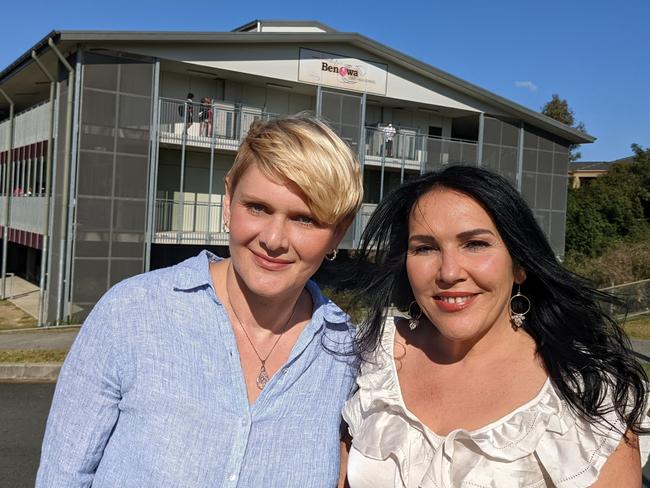 Parents Alesya Rapisarda and Rachelle Arnott at Benowa State High School, where they are campaigning against the decision to end the International Baccalaureate program. Picture: Keith Woods