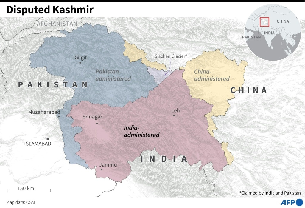 Map showing the parts of the Kashmir region held by India, Pakistan and China.