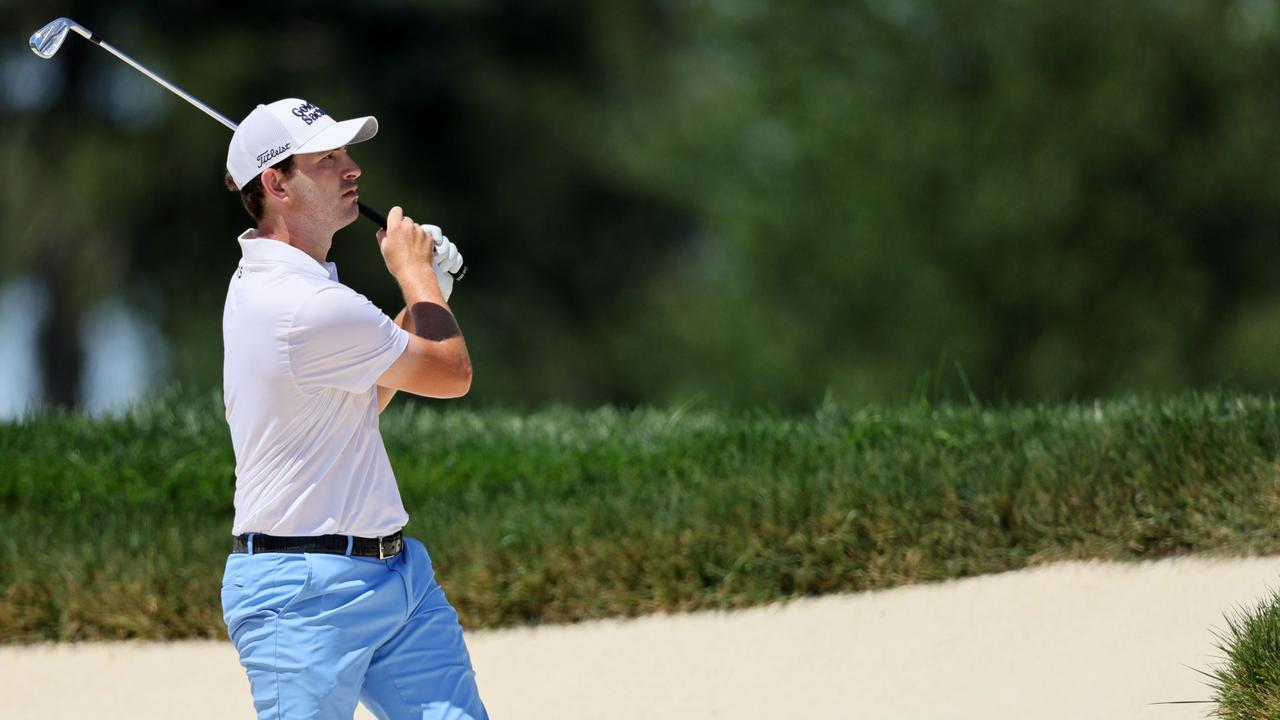 Patrick Cantlay plays a shot from a bunker on the fifth hole. Picture: Getty Images