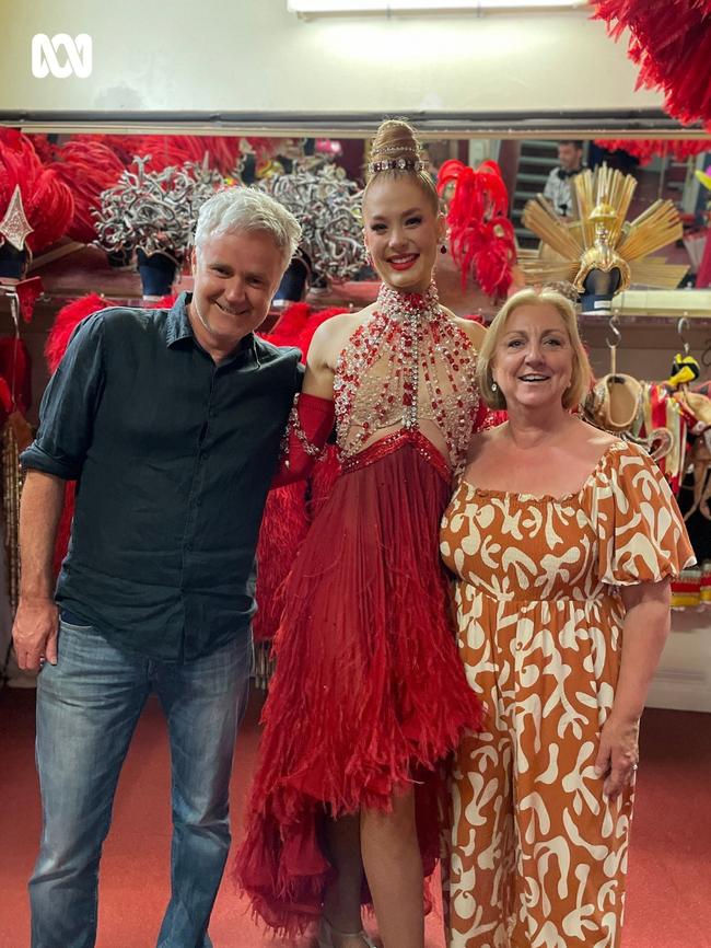 Sonya Feldhoff and Jules Schiller smile with Moulin Rouge dancer. Picture: Instagram / ABC