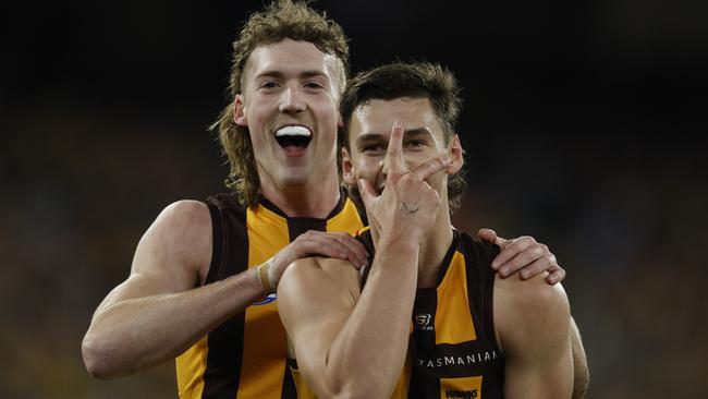 MELBOURNE, AUSTRALIAÃ June 15, 2024.  AFL Round 14. Richmond vs Hawthorn at the MCG.   Connor Macdonald of the Hawks celebrates a 2nd quarter goal with Josh Weddle       . Pic: Michael Klein