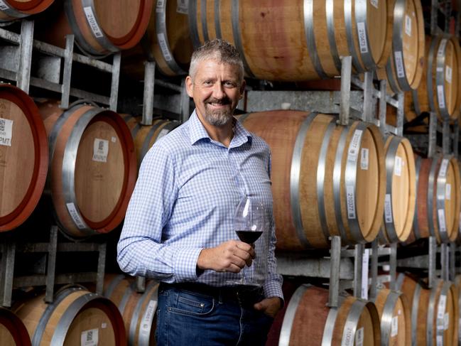 26 February 2022: Portrait of Seeley International CEO Jon Seeley amongst wine barrels at Barossa Valley Estate. Photography by Kelly Barnes