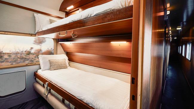 The Ghan's Gold Premium Cabin night-time configuration.