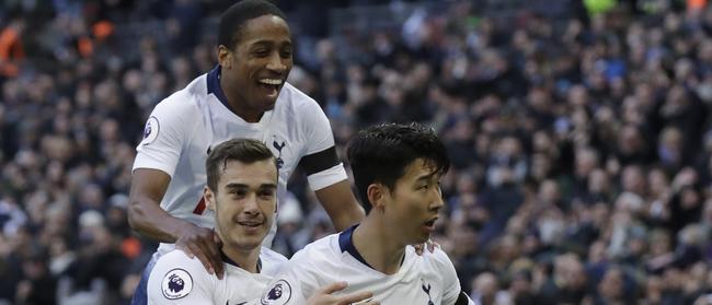 Tottenham Hotspur's Son Heung-min, right, celebrates with teammates.                        (AP Photo/Matt Dunham)