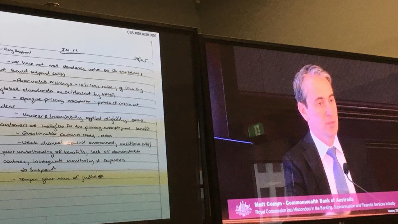CBA CEO Matt Comyn recounts to the royal commission being told to “temper your sense of justice” by his predecessor, Ian Narev.
