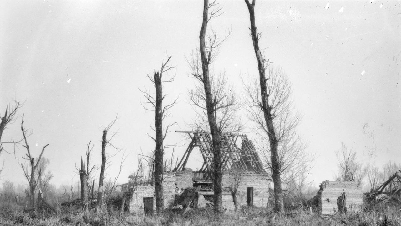 The remains of a shell damaged farm on the Fromelles battlefield, an area in which the 5th Australian Division suffered heavy casualties in an attack in 1916. Picture: Australian War Memorial