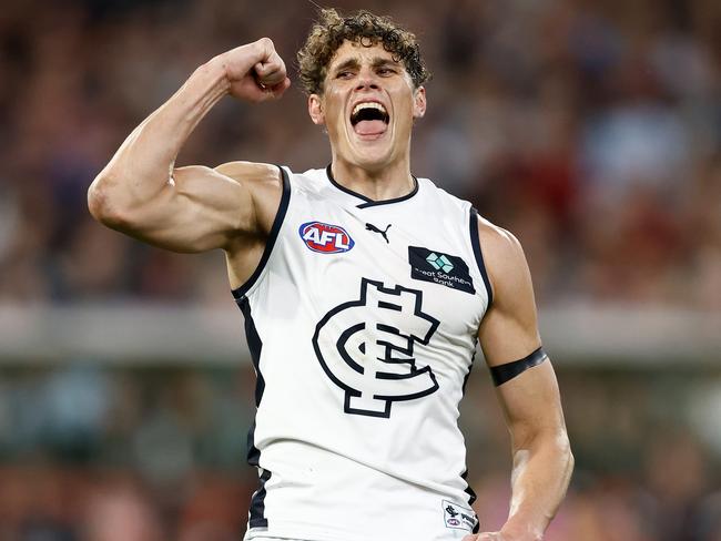 MELBOURNE, AUSTRALIA - SEPTEMBER 15: Charlie Curnow of the Blues celebrates a goal during the 2023 AFL First Semi Final match between the Melbourne Demons and the Carlton Blues at Melbourne Cricket Ground on September 15, 2023 in Melbourne, Australia. (Photo by Michael Willson/AFL Photos via Getty Images)