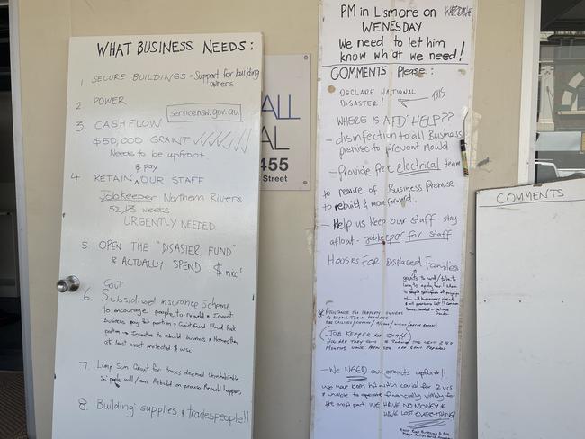 A list of demands from the Lismore community as they try to recover from last week’s deadly floods. Picture: Kaitlyn Smith