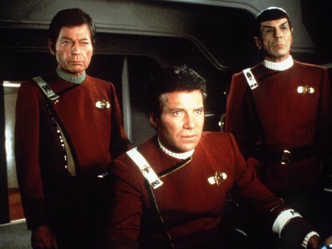 DeForest Kelley with William Shatner and Leonard Nimoy in Star Trek II: The Wrath Of Khan.