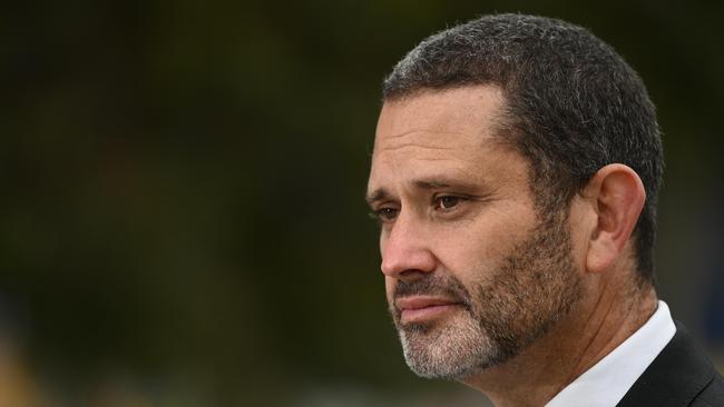 ADELAIDE, AUSTRALIA - NewsWire Photos August 1, 2023: Industrial Relations Minister Kyam Maher speaking at  a press conference in Victoria Square in regards to banning uncontrolled cutting of engineered stone. Picture: NCA NewsWire / Naomi Jellicoe