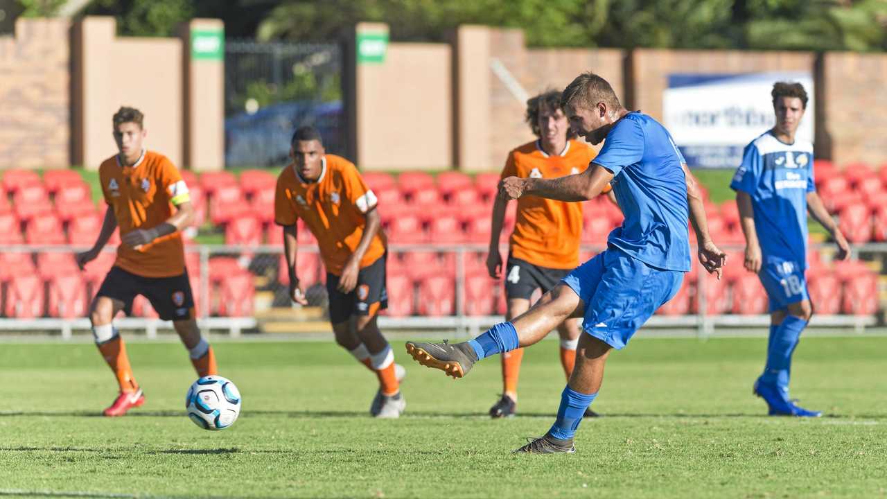 ON TARGET: Anthony Grant opens the scoring for South West Queensland Thunder in their defeat to the Brisbane Roar at the weekend. Picture: Kevin Farmer