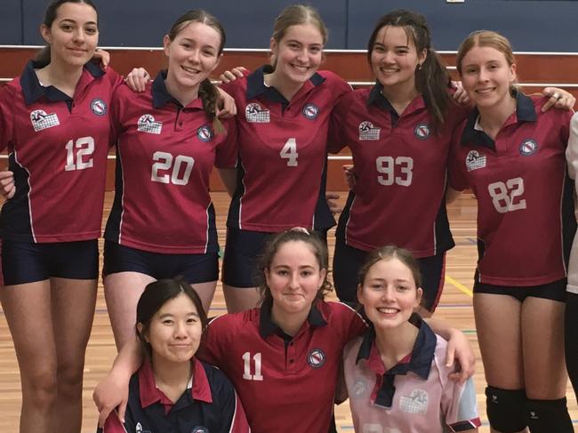 Brisbane State High School Year 10 A volleyball side  celebrates a victory against Ipswich Girls Grammar School in Brisbane. Picture: Supplied