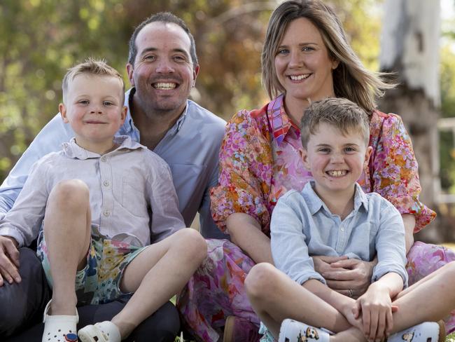 Ben, wife Tania and boys Oliver, 8, and Ari, 5 -  documentary about the car crash Ben was injured in.10th October 2024. Picture: Brett Hartwig