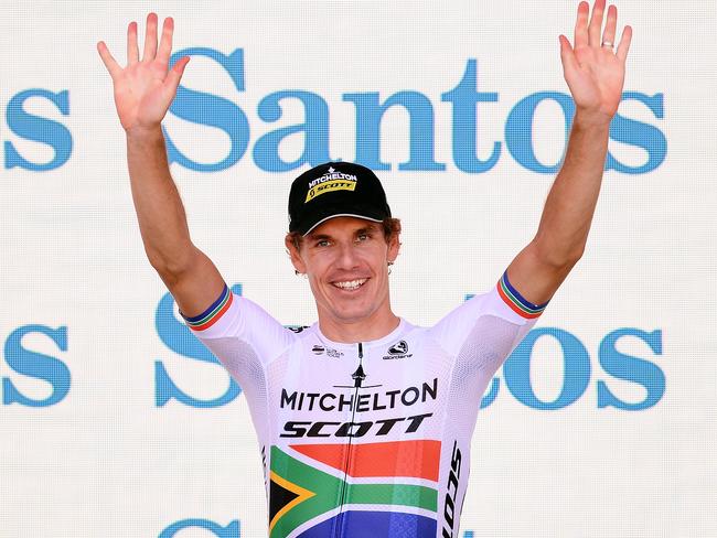 WILLUNGA HILL, AUSTRALIA - JANUARY 20: Daryl Impey of South Africa and Team Mitchelton-Scott celebrates on the podium after winning the 21st Santos Tour Down Under 2019, Stage 6 a 151,5km stage from McLaren Vale to Willunga Hill 374m / TDU / on January 20, 2019 in Willunga Hill, Australia. (Photo by Daniel Kalisz/Getty Images)