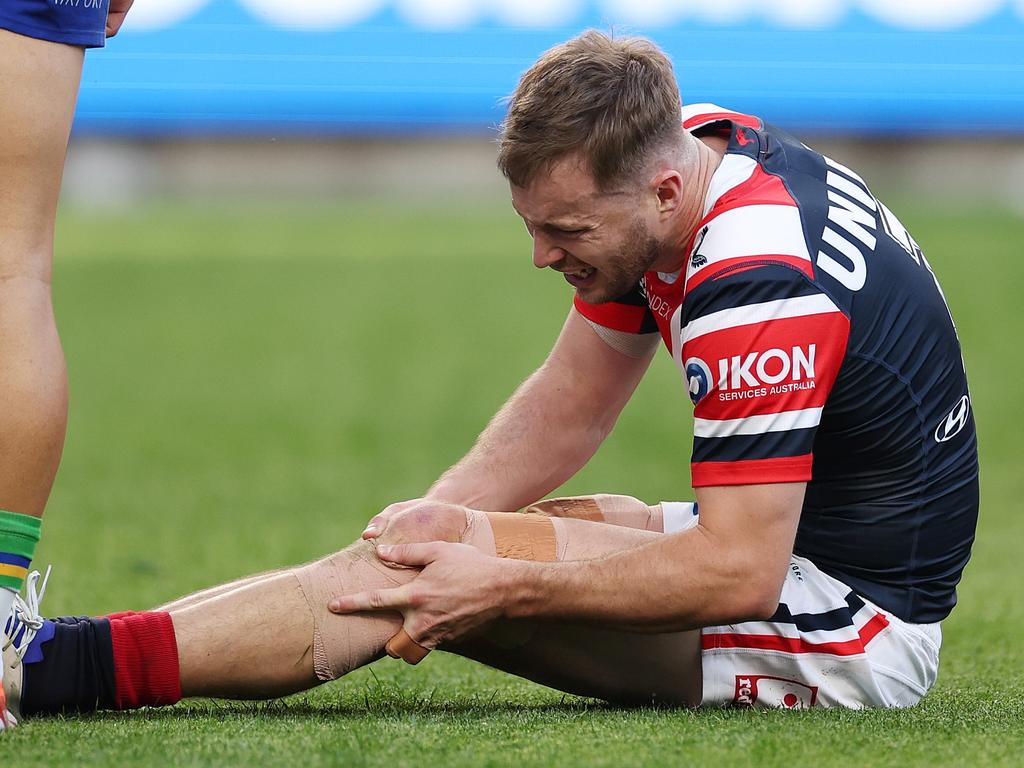 Sam Walker down with a suspected ACL injury. Picture: Cameron Spencer/Getty Images